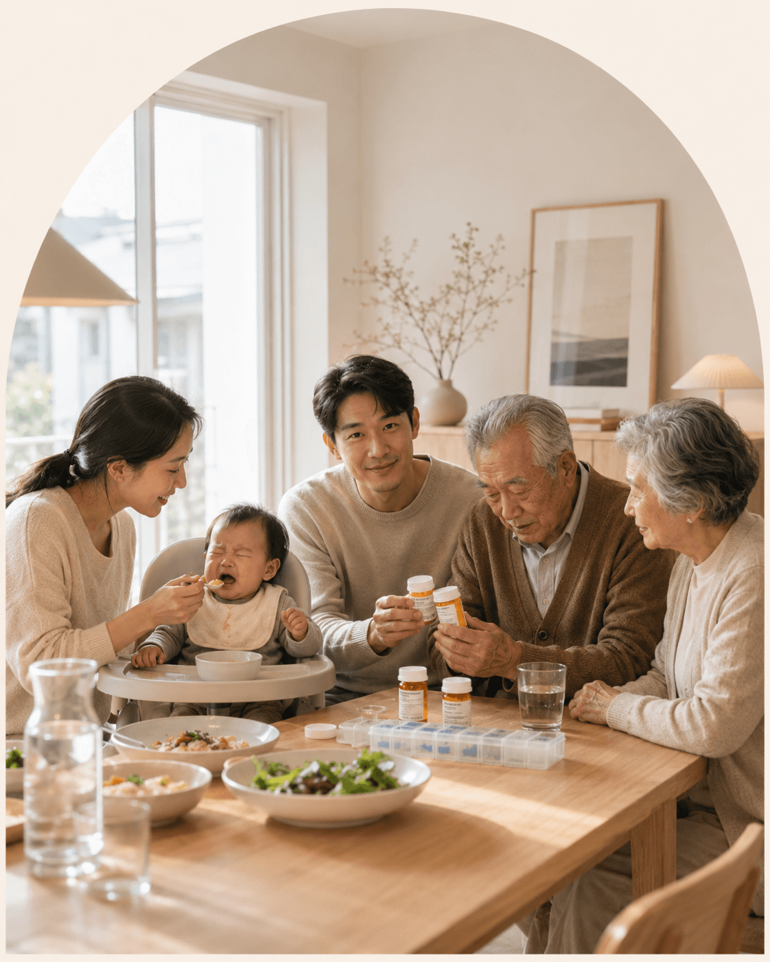 Three generations of a family at the table reviewing medicines together